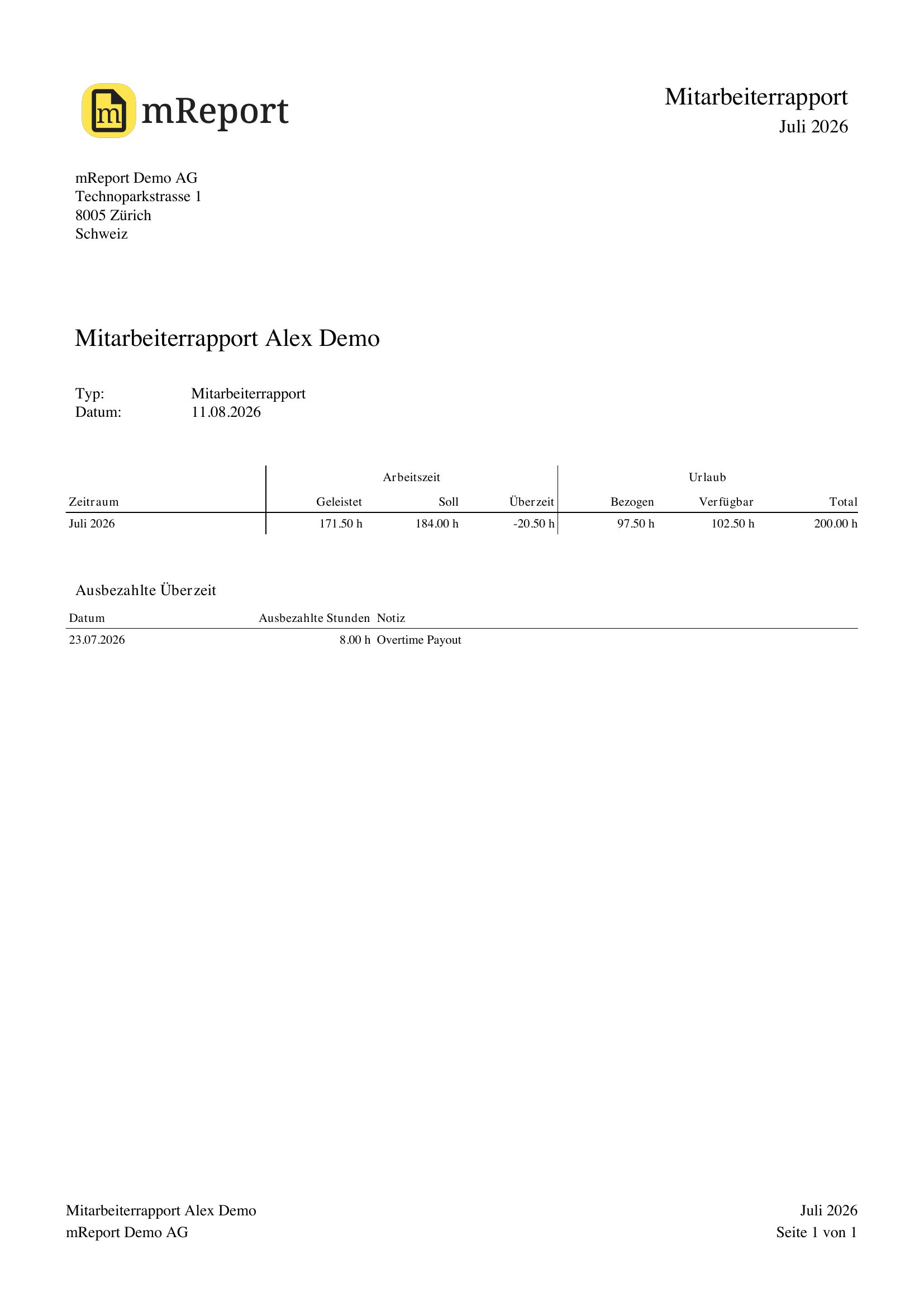 Mitarbeiterrapport als PDF aus bexio: mReport-Logo, Empfängeradresse, Zeitraum Juli 2026 sowie Tabellen mit geleisteter Zeit, Soll-Arbeitszeit, Überzeit, Ferien und ausbezahlten Überstunden